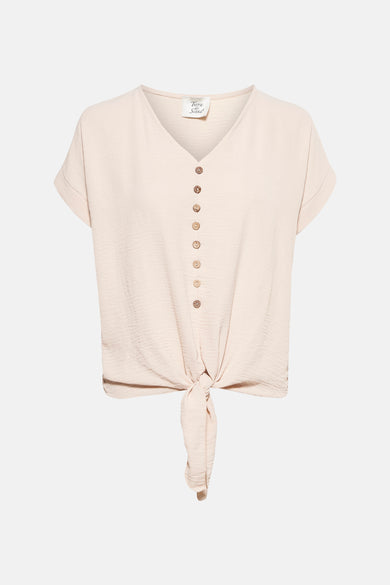 Beige T-shirt met korte mouwen van Terra di Siena, met een rij knopen en een strik aan de taille.