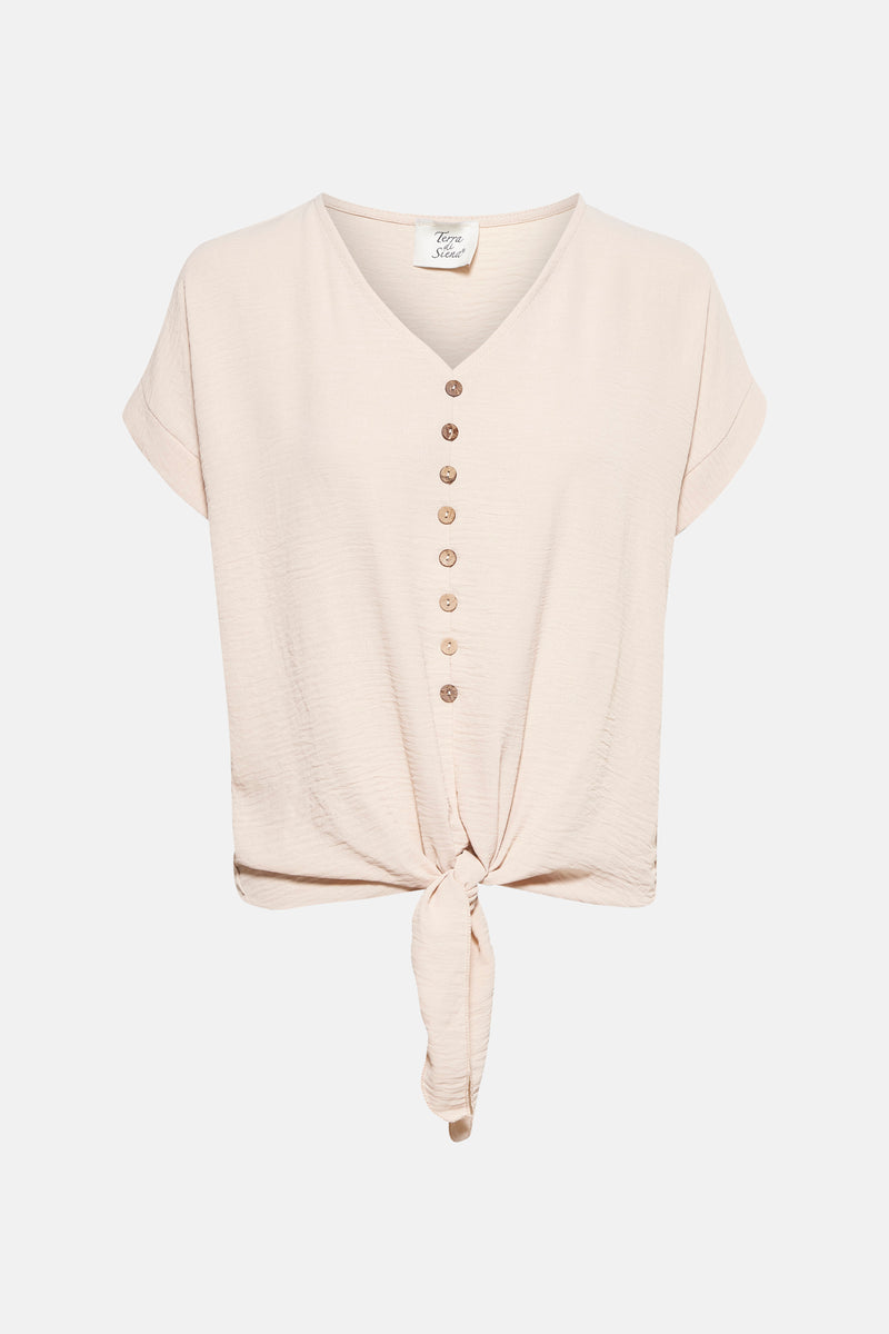 Beige T-shirt met korte mouwen van Terra di Siena, met een rij knopen en een strik aan de taille.