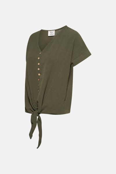 Groen T-shirt met korte mouwen van Terra di Siena, met een knoopsluiting en een decoratieve strik.