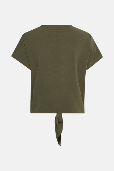 Groen T-shirt met korte mouwen van Terra di Siena, met decoratieve knoop aan de onderkant, achterkant.