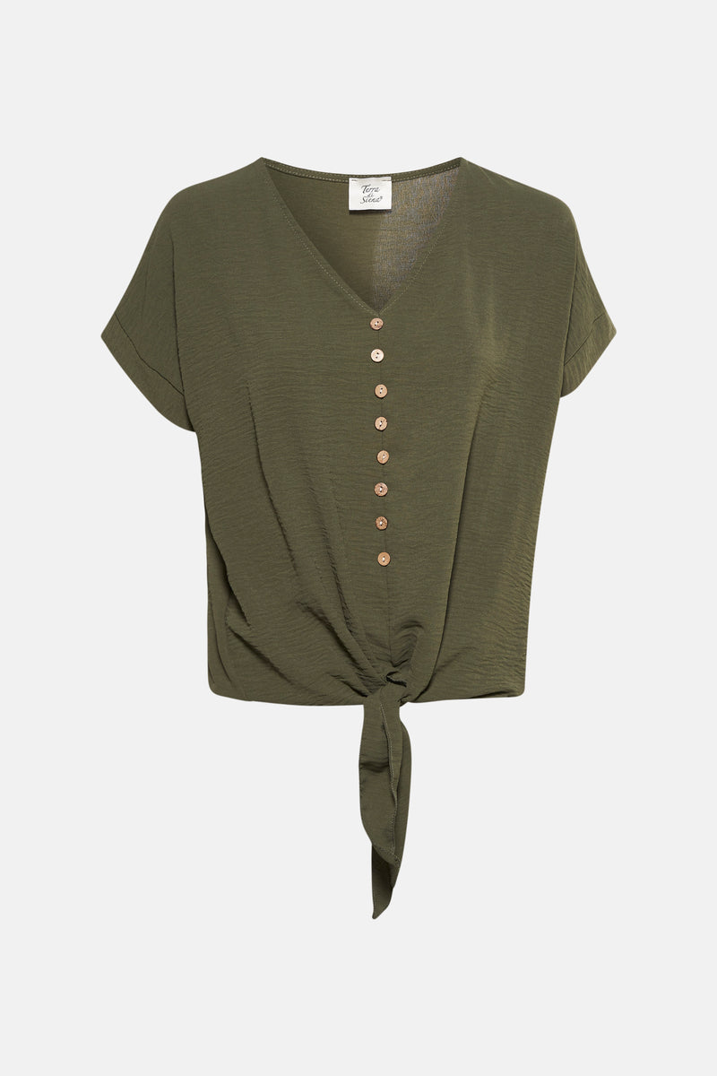 Groen T-shirt met korte mouwen van Terra di Siena, met knopen aan de voorkant en een strikdetail.
