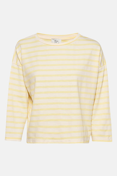 Lange T-shirt in geel van Terra di Siena, met crème- en gele horizontale strepen, van katoen.
