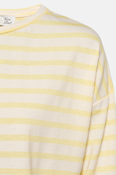 T-shirt à manches longues jaune de Terra di Siena, rayures horizontales crème et jaunes, en coton.