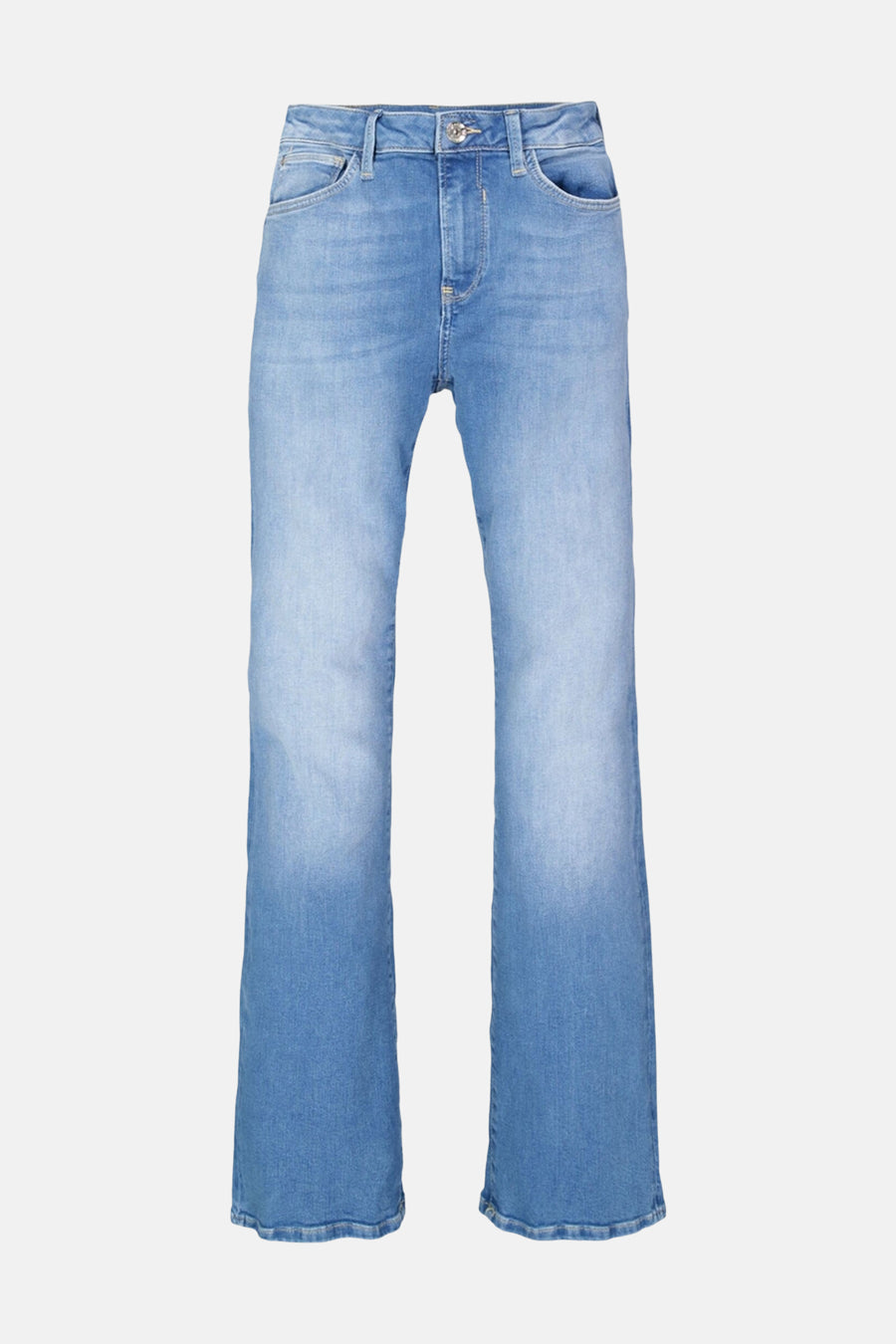 Jean évasé en denim bleu moyen de GARCIA, délavé sur les cuisses et plus foncé sur le bas des jambes.