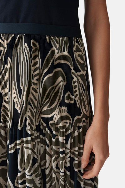 Jupe midi plissée multicolore d'OPUS, à motif floral beige et vert olive.