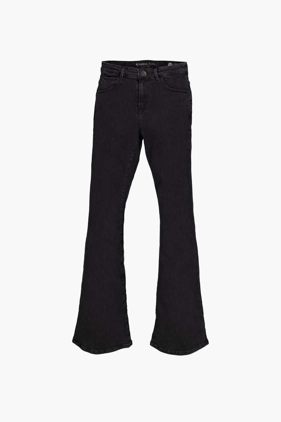 Jean évasé noir en denim GARCIA JEANS avec braguette boutonnée et poches classiques.