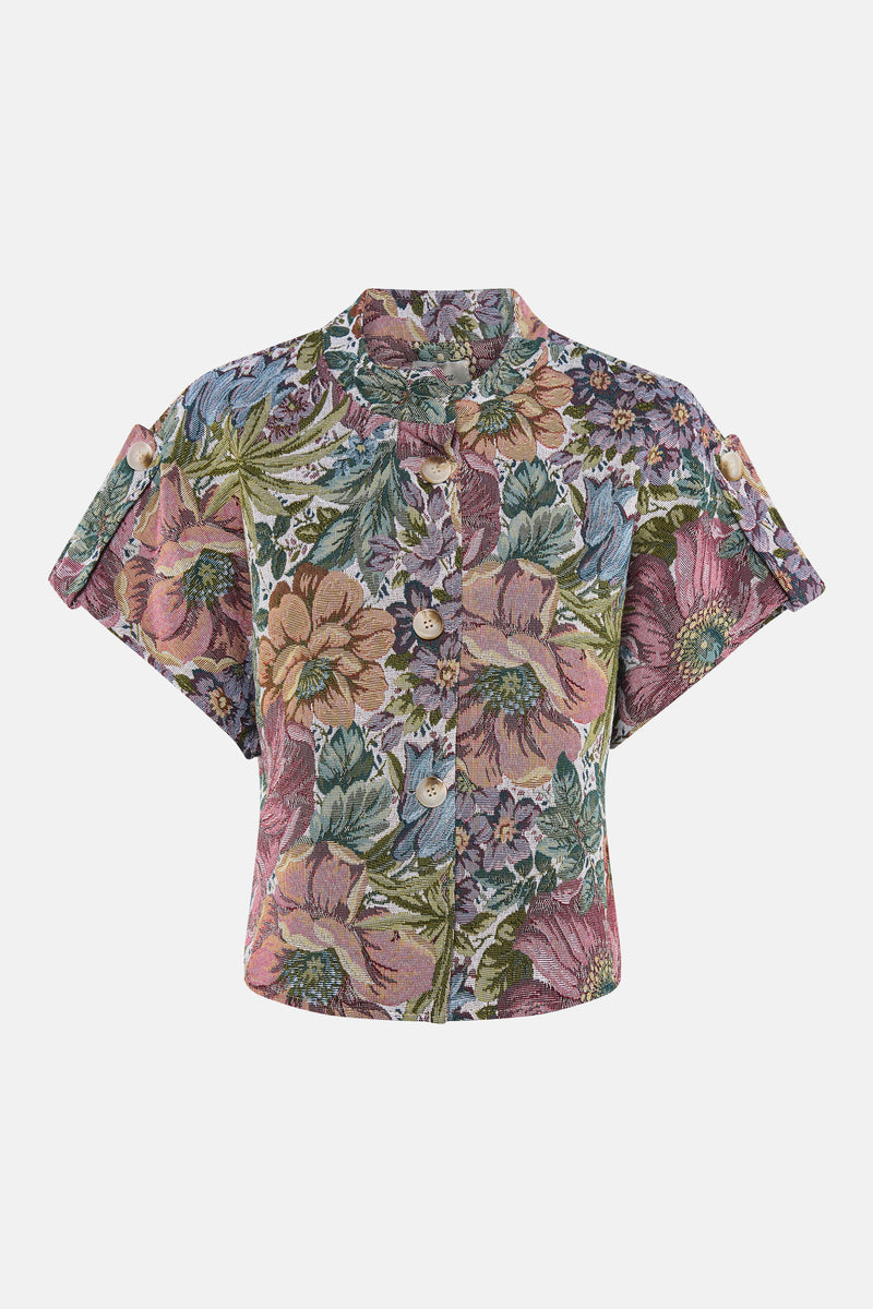 Gilet multicolore de Terra di Siena avec motif floral tissé et manches courtes à revers.
