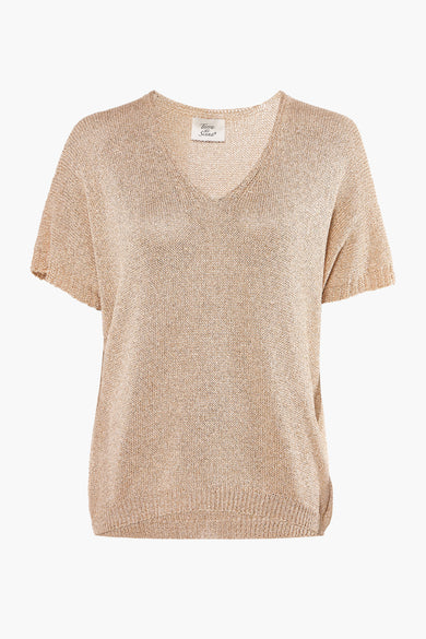 Pull doré à col en V de Terra di Siena, en maille brillante à manches courtes.