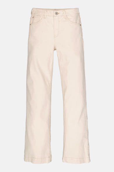 Jeans larges en denim écru de GARCIA avec poches, passants de ceinture et bouton apparent, vue de face.