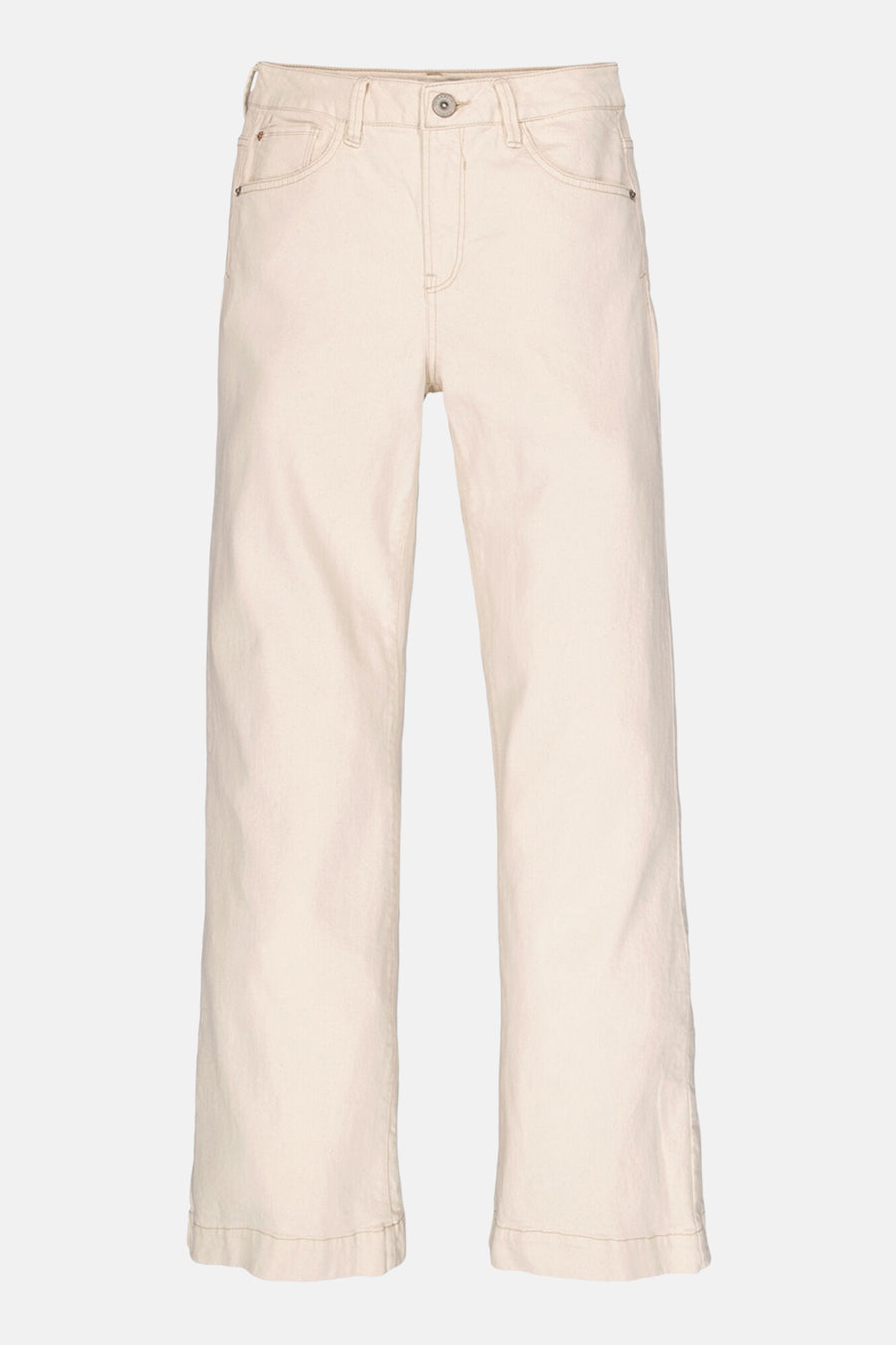 Jeans larges en denim écru de GARCIA avec poches, passants de ceinture et bouton apparent, vue de face.