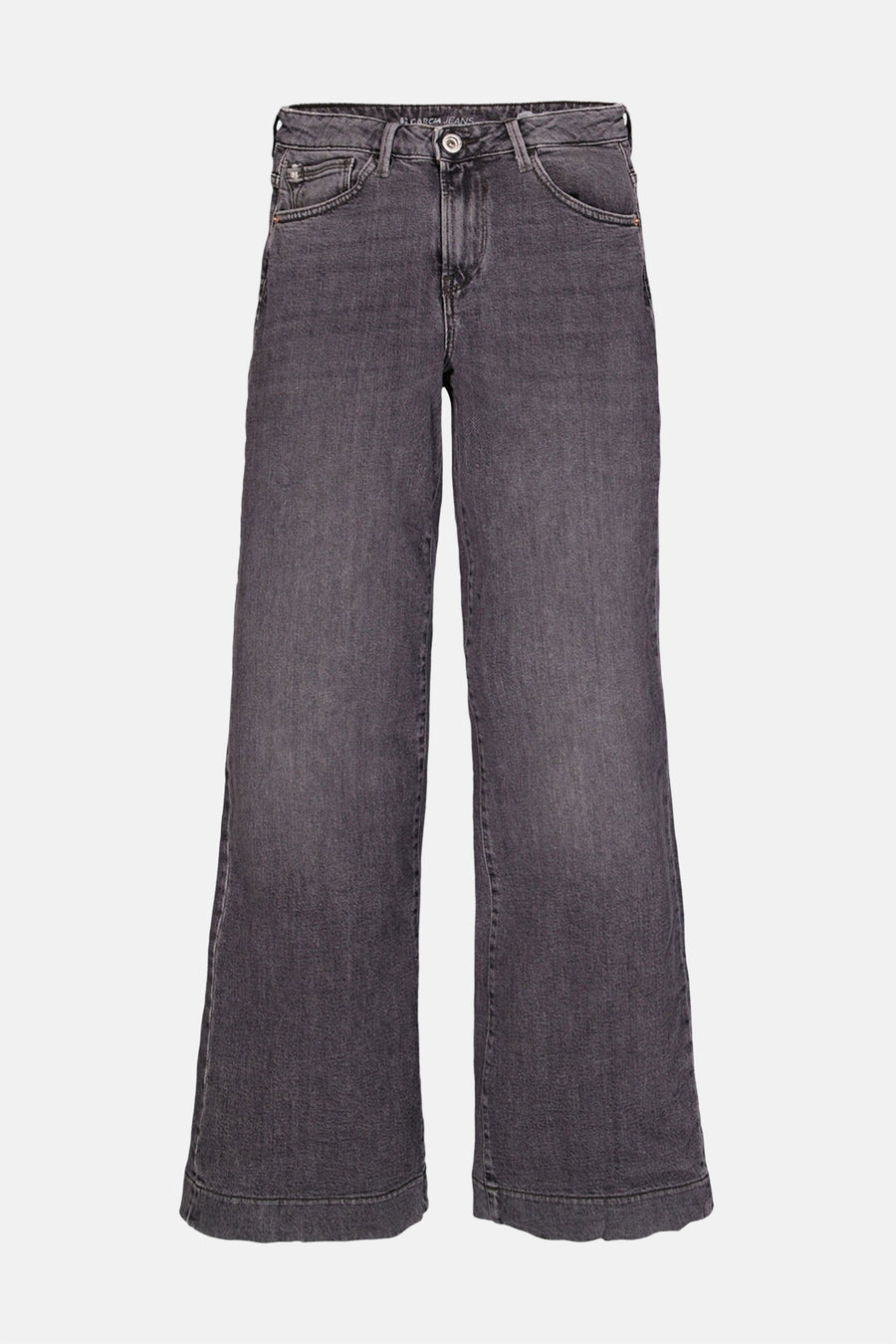 Mid grey wide-leg denim jeans by Garcia Jeans, featuring a straight front view with cuffed hems and classic five-pocket styling.