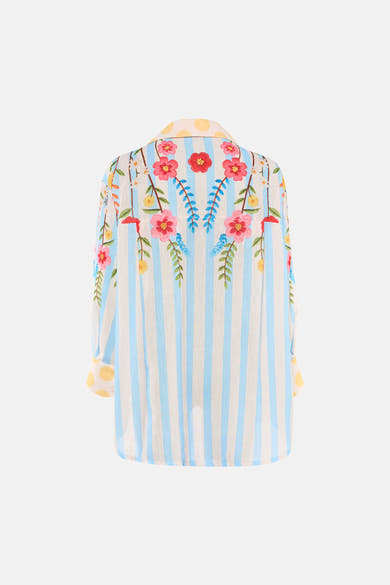 Chemise à manches longues multicolore de Terra di Siena avec rayures verticales bleu et blanc et motif floral brodé.