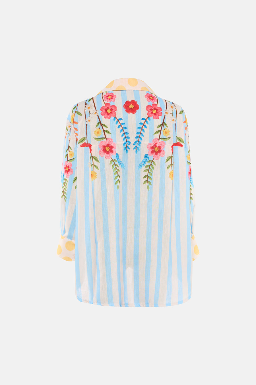 Chemise à manches longues multicolore de Terra di Siena avec rayures verticales bleu et blanc et motif floral brodé.