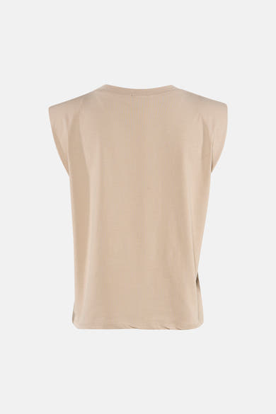 Beige short-sleeve t-shirt back view, ribbed texture, relaxed fit, plain design