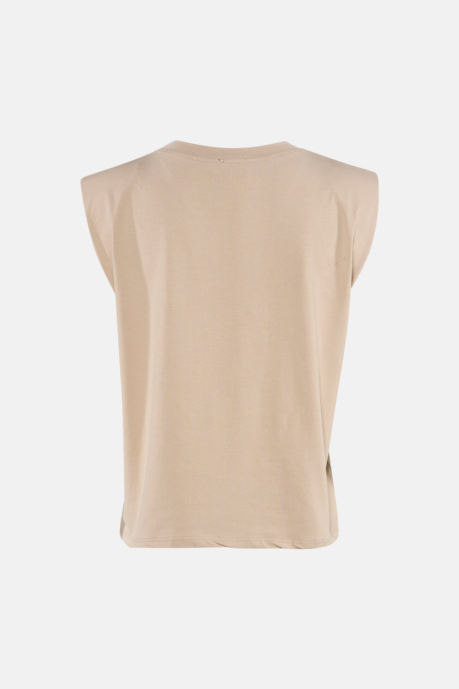 Beige short-sleeve t-shirt back view, ribbed texture, relaxed fit, plain design