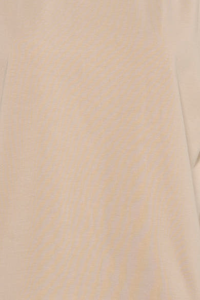Beige short-sleeve t-shirt with soft knit texture, close-up front view showing subtle fabric weave and natural color variation