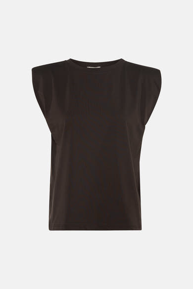 Brown short-sleeve t-shirt with ribbed texture and rounded neckline, front view
