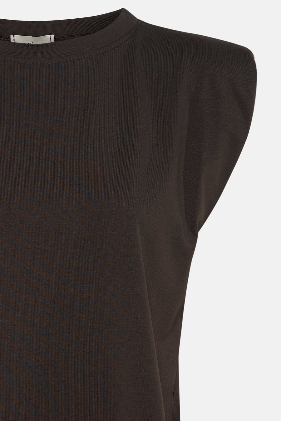 Brown short-sleeve t-shirt with ribbed crew neck and smooth knit texture, side view close-up