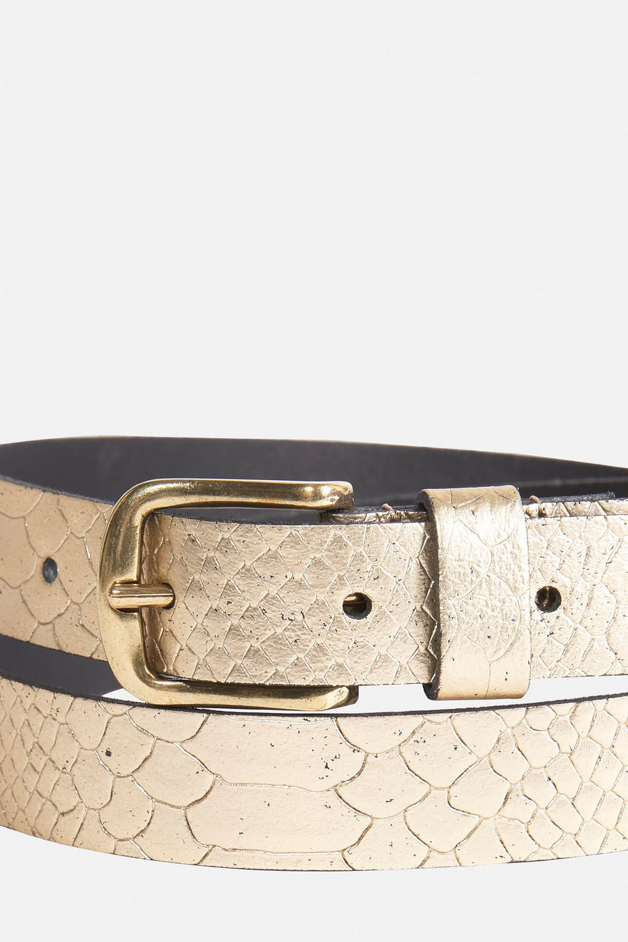 Ceinture dorée imitation peau de serpent de Legend, avec une boucle ardillon en métal doré.