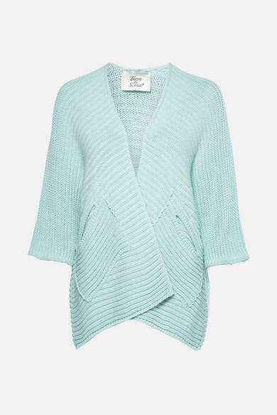 Gilet turquoise en maille, de Terra di Siena, avec des poches plaquées et une coupe croisée.
