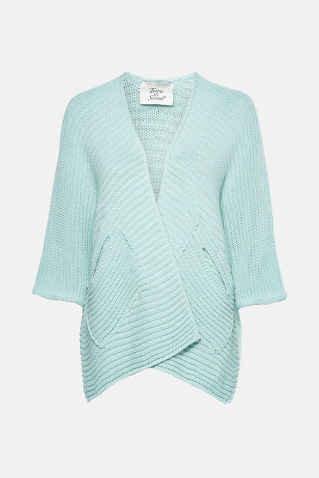 Terra di Siena blauwe jas in tricot, ruime pasvorm met korte mouwen.