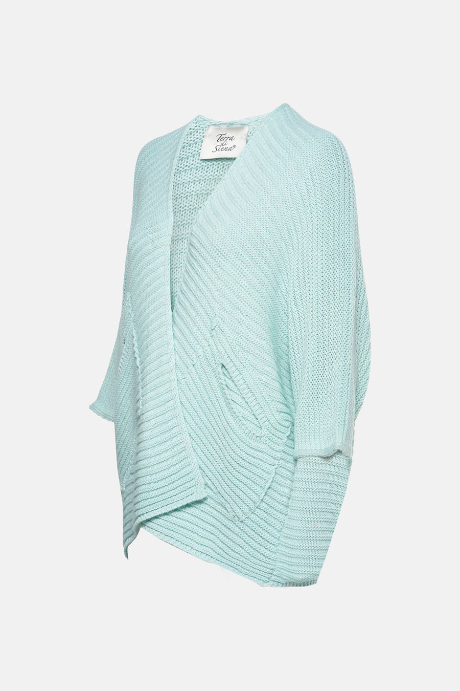 Gilet turquoise en maille de Terra di Siena, style décontracté avec superposition asymétrique.