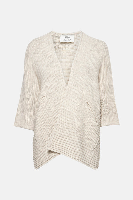 Beige vest van Terra di Siena, in losse brei met wijde korte mouwen, achterzijde.