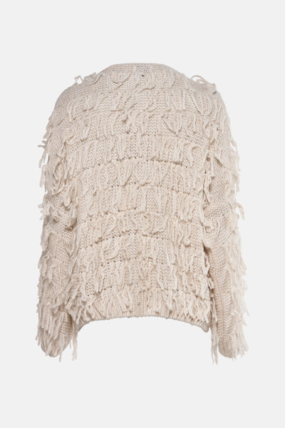 Cardigan écru by Terra di Siena, en tricot avec des détails de franges, vue de dos.
