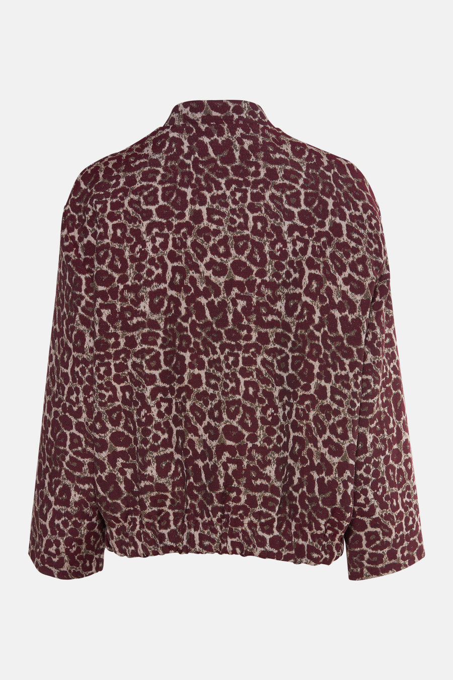 Veste courte bordeaux par Terra di Siena, à motif léopard et à manches longues, vue de dos.