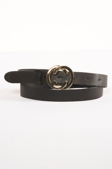 Black leather belt with gold-tone circular buckle, textured surface, coiled display on white background