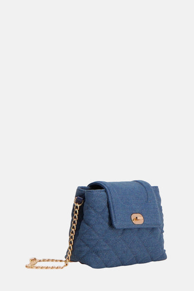 Blauwe denim schoudertas van Morgan de Toi met doorgestikt patroon en gouden kettingriem.