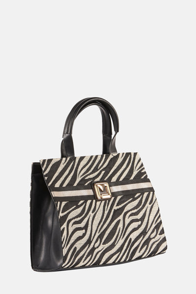Zwarte leren handtas van Morgan de Toi met zebraprint, gouden details en een afgeronde handgreep.