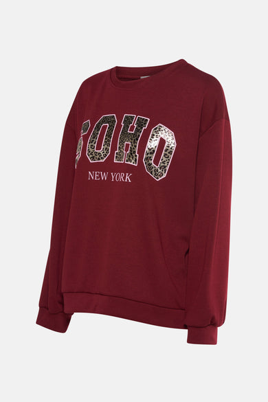 Sweat rouge à col rond Terra di Siena avec imprimé léopard "SOHO NEW YORK".