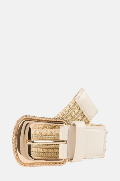 Gouden riem versierd met decoratieve studs van Morgan de Toi, met een gouden rechthoekige gesp en getextureerde details.
