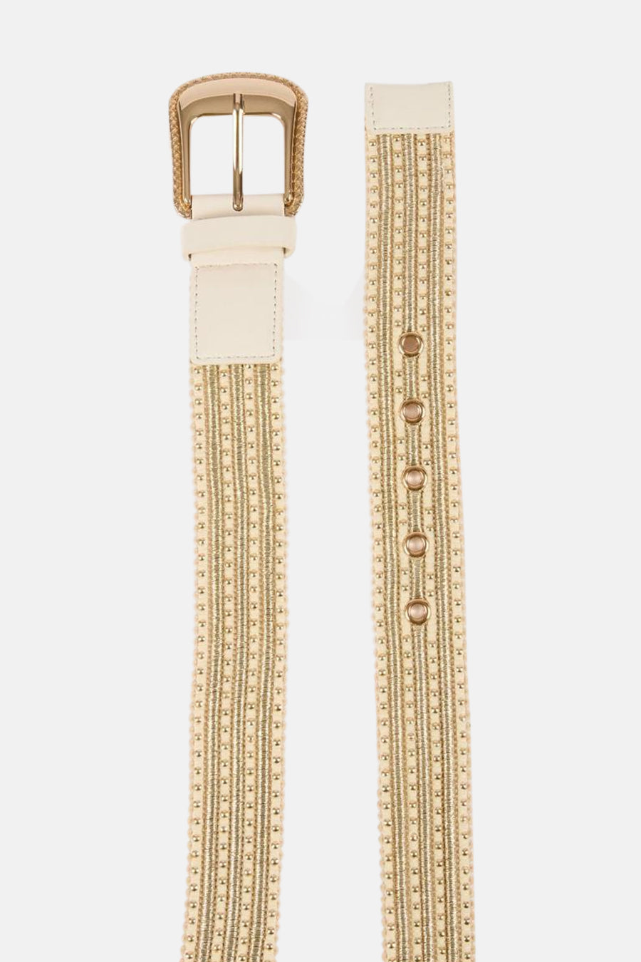 Gouden riem van Morgan de Toi, met rechthoekige gesp en pareldetails.