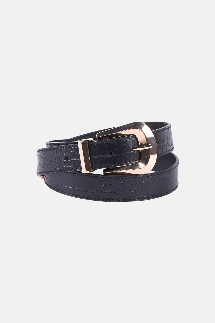 Zwarte croco-look riem van Morgan de Toi, met gouden gesp.