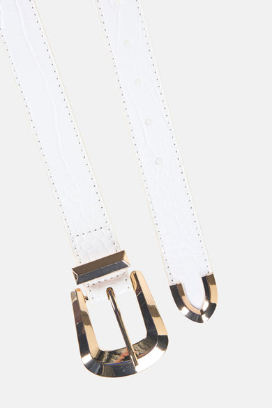 Witte riem van imitatieleer van Morgan de Toi, krokodillenpatroon met glanzende gouden gesp.