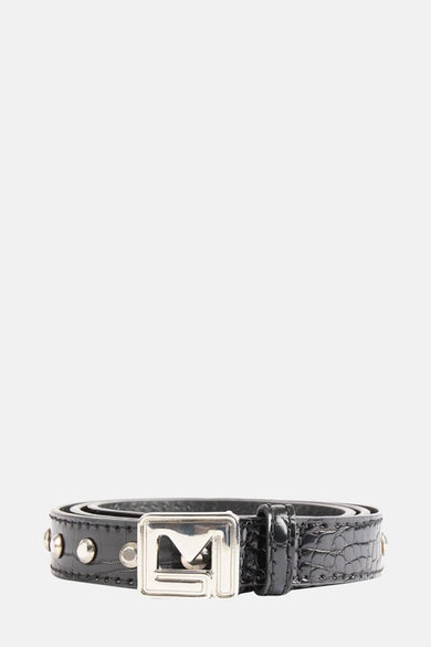 Zwarte leren riem met krokodillenleer-effect van Morgan de Toi, met zilverkleurige gesp en studs.