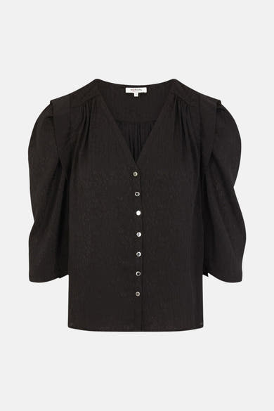 Zwarte blouse met lange mouwen van Morgan, met zilveren knopen en pofmouwen.