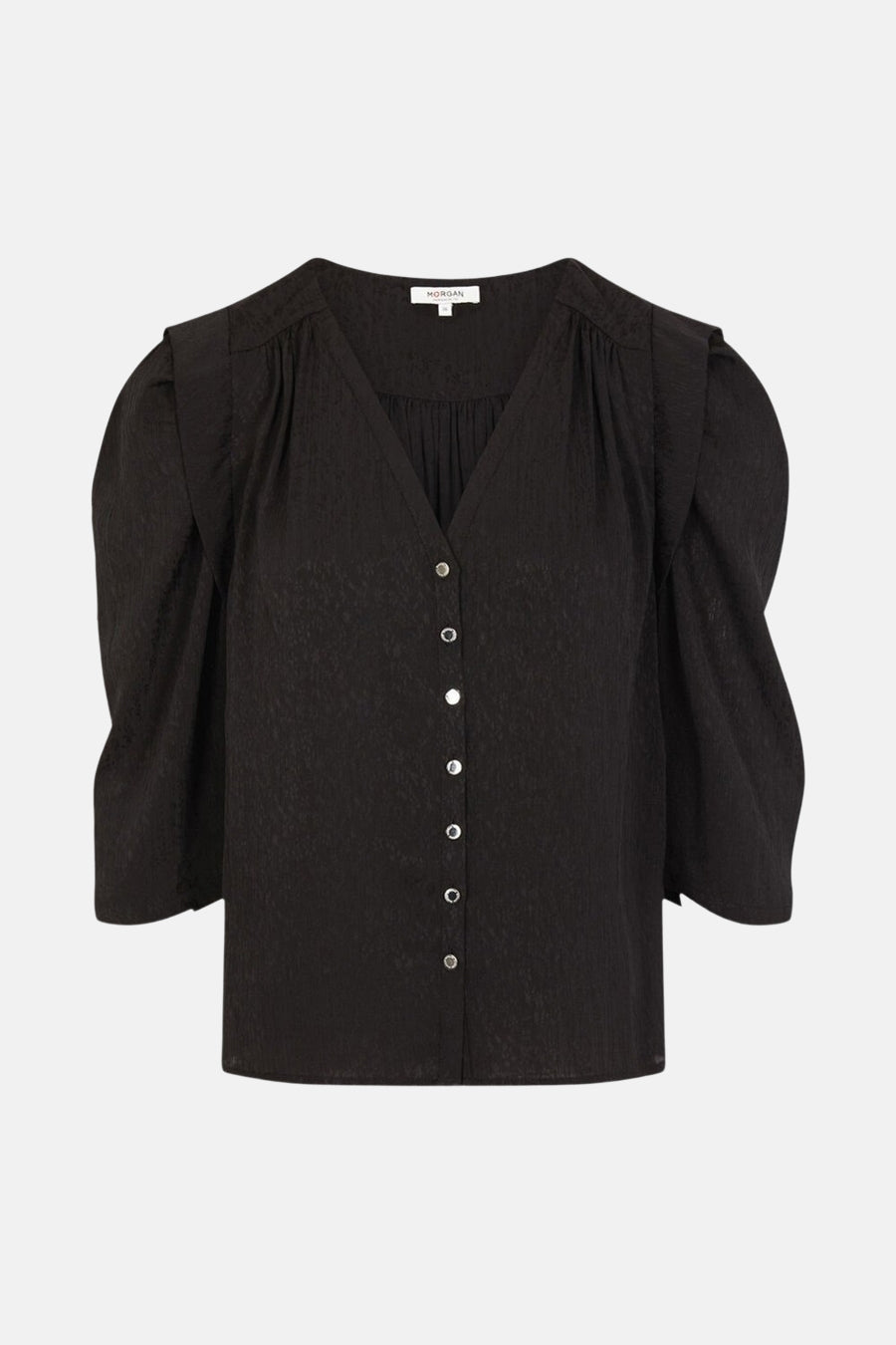 Zwarte blouse met lange mouwen van Morgan, met zilveren knopen en pofmouwen.
