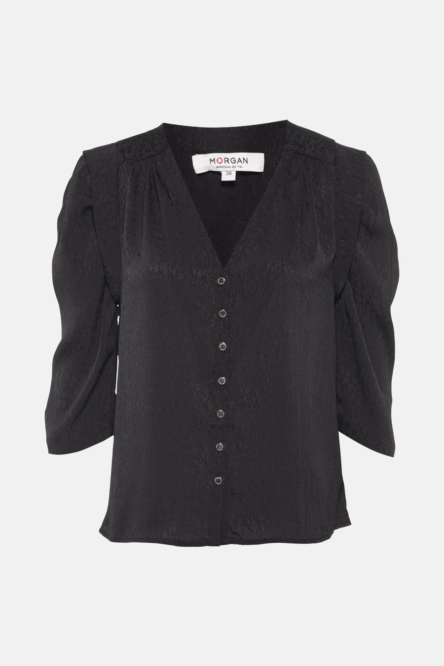 Zwarte blouse met lange mouwen van Morgan de Toi met knoopsluiting aan de voorkant.