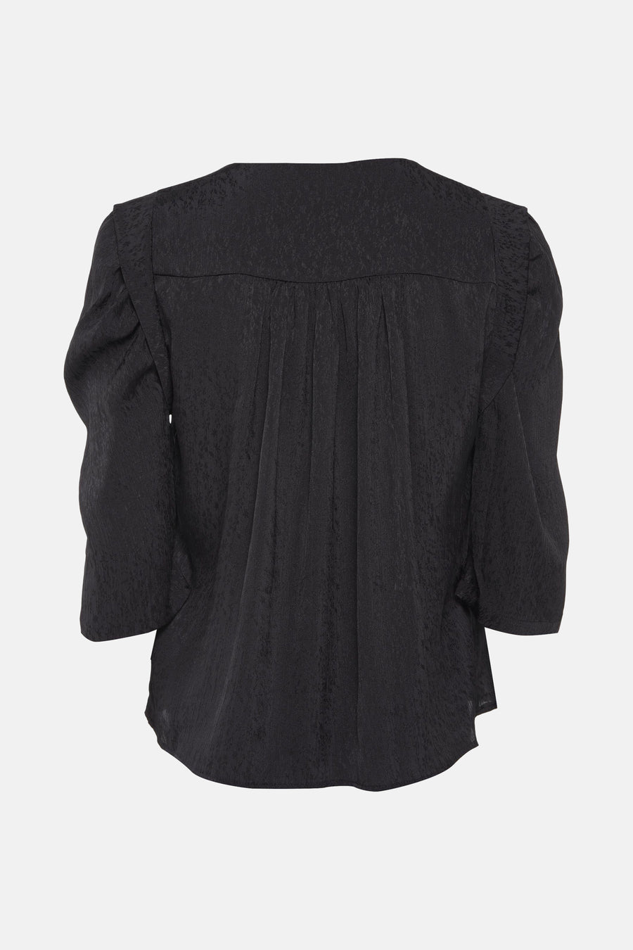 Zwarte blouse met driekwartmouwen van Morgan de Toi, met een subtiel patroon en delicate plooien op de rug.