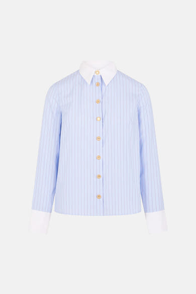 Chemise à manches longues bleue rayée de Morgan de Toi, avec col et poignets blancs, boutonnée.