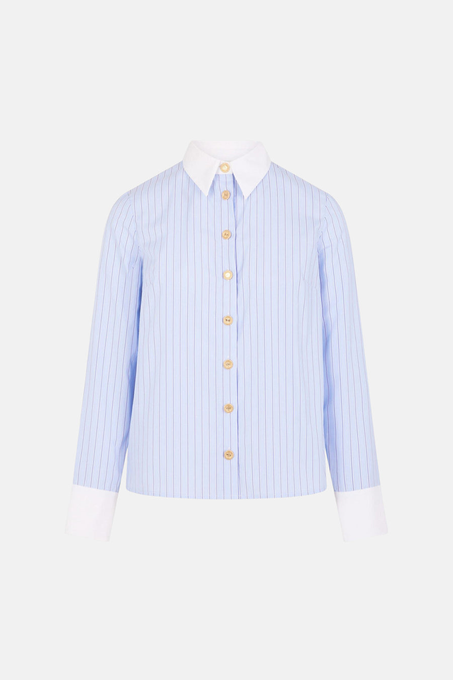 Chemise à manches longues bleue rayée de Morgan de Toi, avec col et poignets blancs, boutonnée.