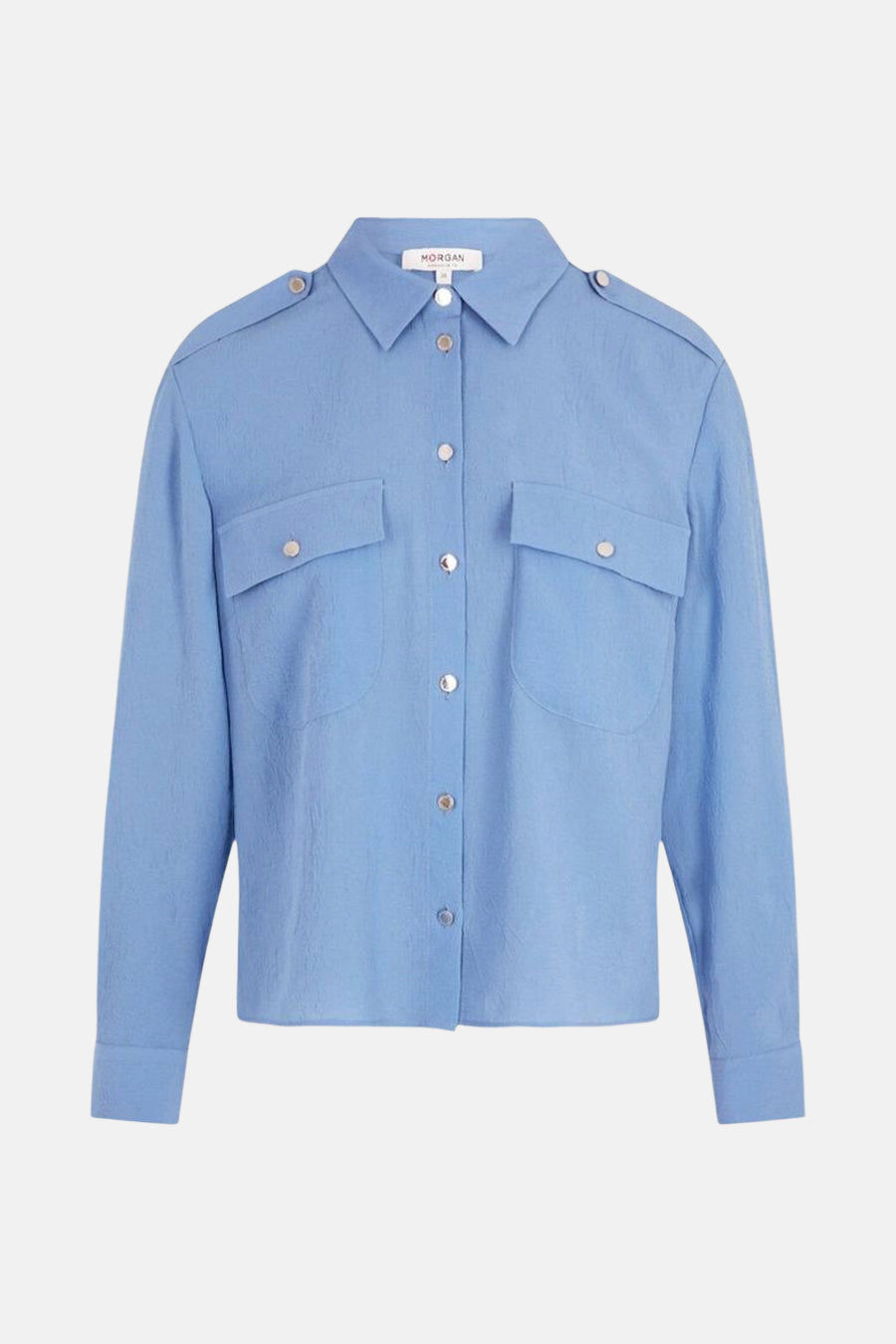 Blauwe blouse met lange mouwen van Morgan, met klepzakken en zilveren knopen op getextureerde stof.