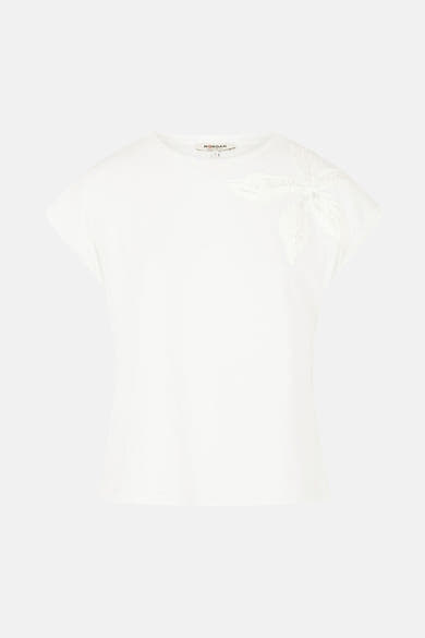 T-shirt blanc à manches courtes de Morgan de Toi avec broderie florale ton sur ton sur l'épaule.