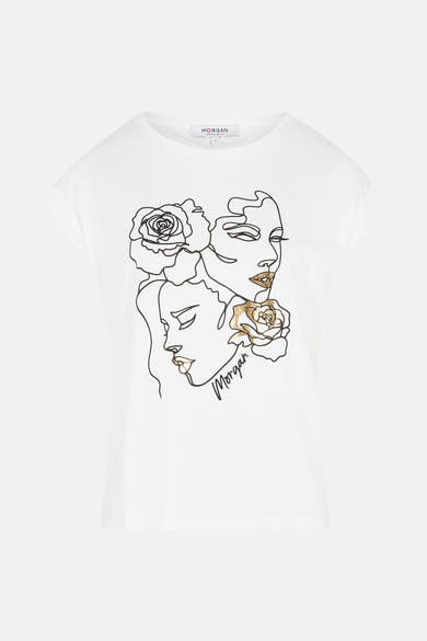 T-shirt blanc à manches courtes par Morgan de Toi avec imprimé floral et portrait.