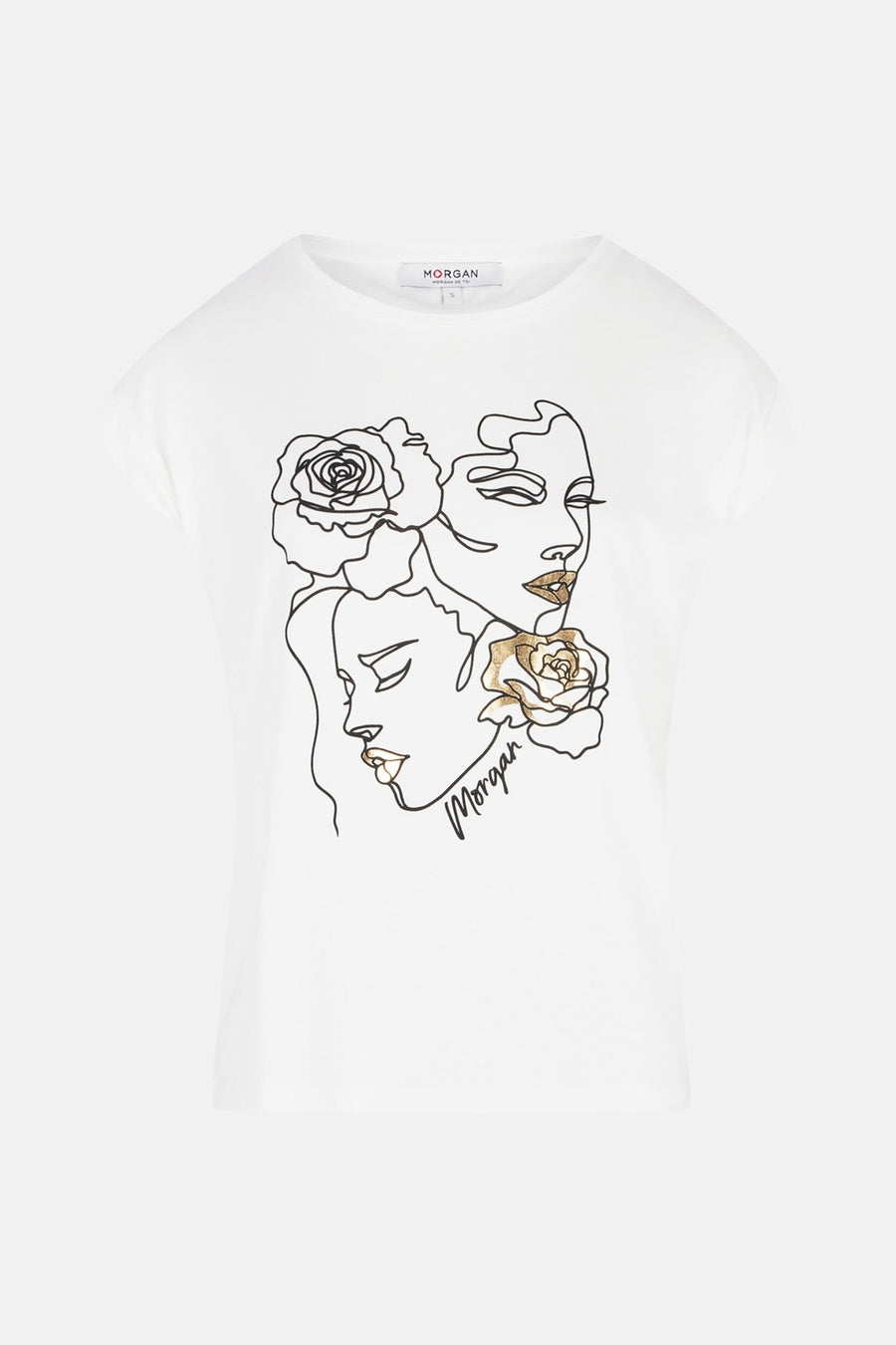 T-shirt blanc à manches courtes par Morgan de Toi avec imprimé floral et portrait.