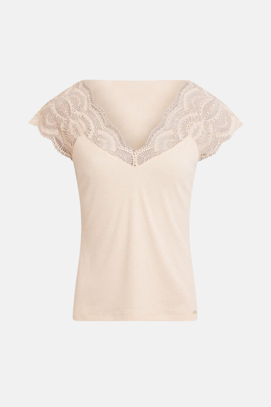 Top beige en maille côtelée de Morgan de Toi, agrémenté de dentelle florale à l'encolure.