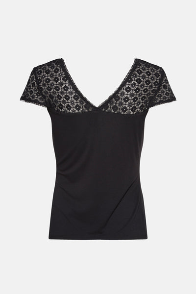 T-shirt noir à manches courtes de Morgan de Toi avec encolure en dentelle florale.
